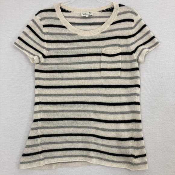 White + Warren Black Striped Crew Neck Short Sleeve Cashmere Sweater Small - Picture 1 of 8